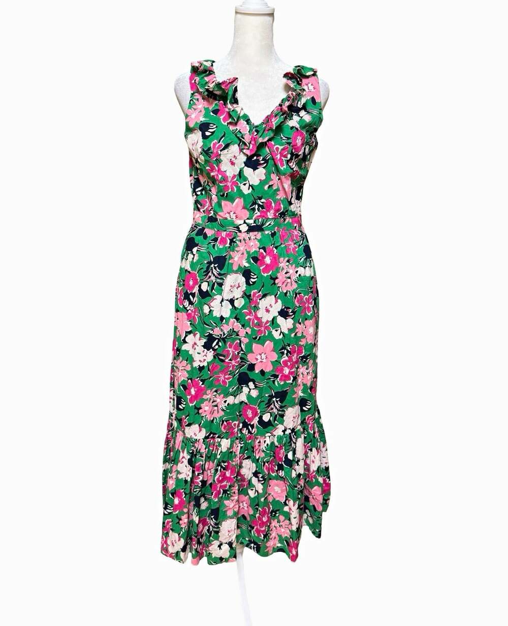 J.CREW Green Pink Floral Ruffle V-Neck Sleeveless Wrap Midi Dress Size 4